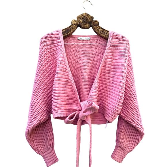 Zara Sweater Chunky Oversized Pink Cardigan V Neck Tie Wrap Crop Blogger Fav S - Picture 8 of 9